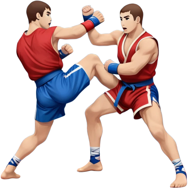 Two Sambo fighters in blue and red kimonos, with shorts and wrestling shoes, performing grappling and throwing techniques. The background shows a wrestling mat and an intense, focused atmosphere. Transparent background highlights the fluidity and skill of the sport without strikes. emoji