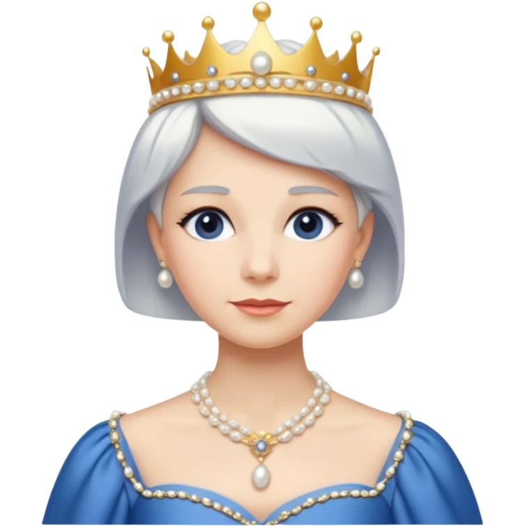Queen with white short hair – gold tiara, pearl necklace, elegant gown, blue dress emoji