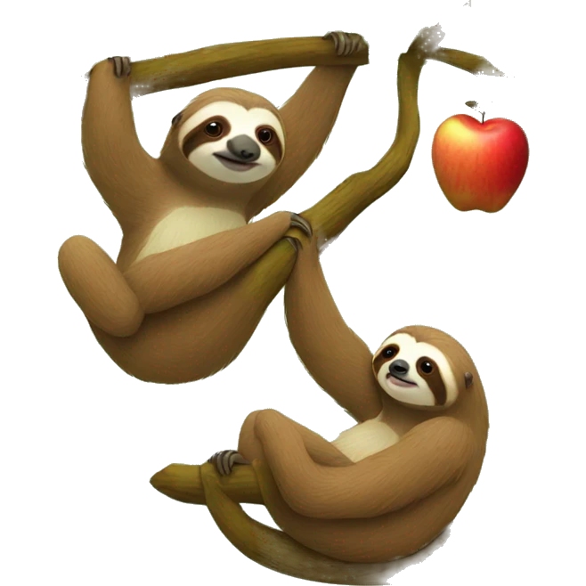 Two sloths hanging from a tree and contemplating an apple emoji
