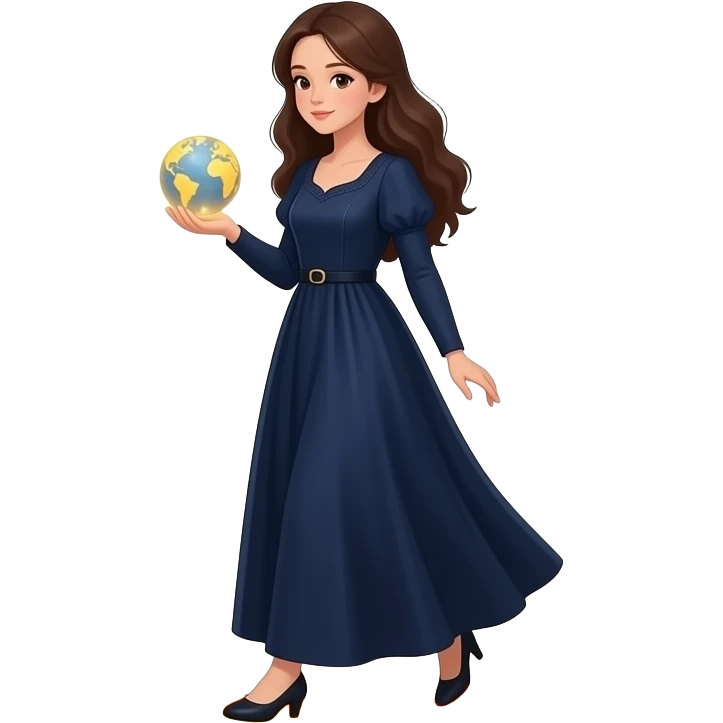 cinematic realistic - an elegant mystical girl in a long dark blue dress carries a small flashing globe in her hand and walks through a flaming ring emoji