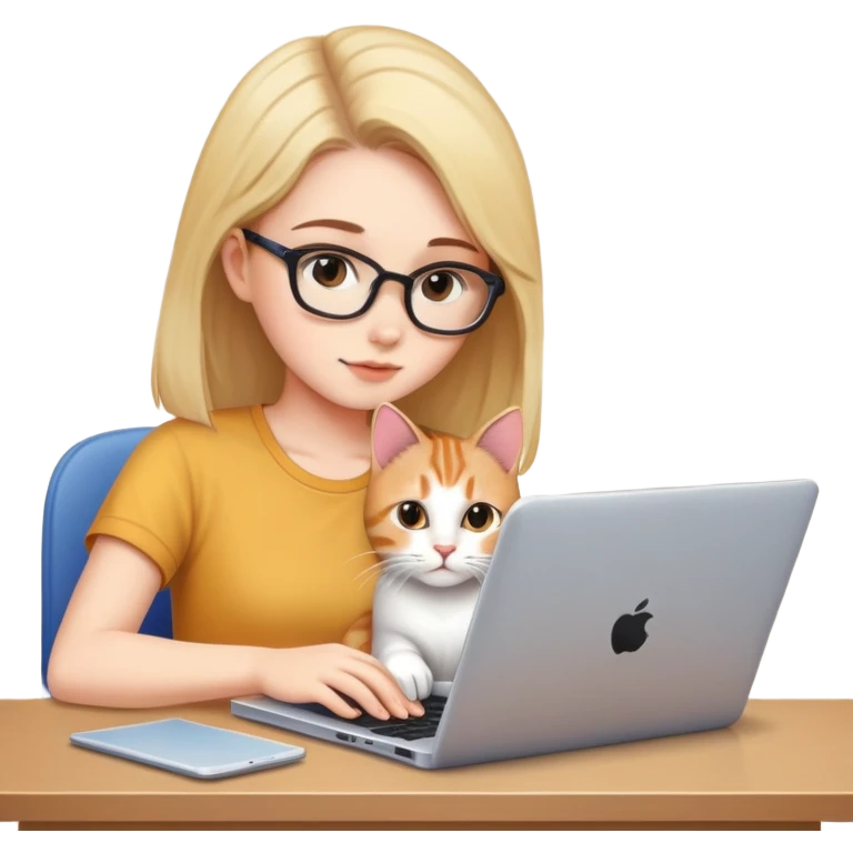 A girl is working hard on a laptop with a cat next to it emoji
