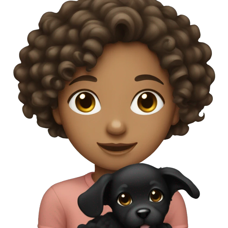 Brunette girl with curly hair holding a black puppy emoji
