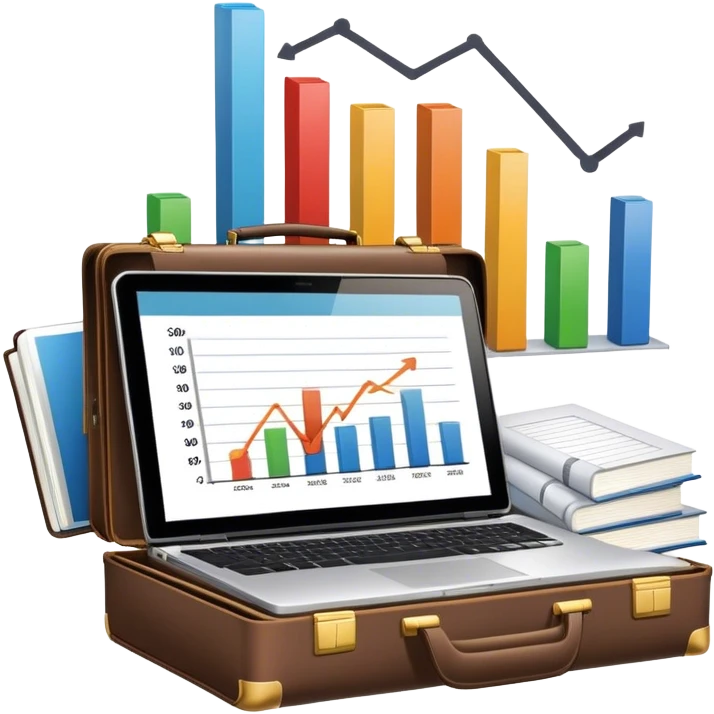Icon for Business Reading: a prominent book at the forefront, with a briefcase, laptop, and notepad around it, along with a bar graph and symbolizing ideas and growth. The icon should represent the knowledge and strategy of business literature. Transparent background. emoji