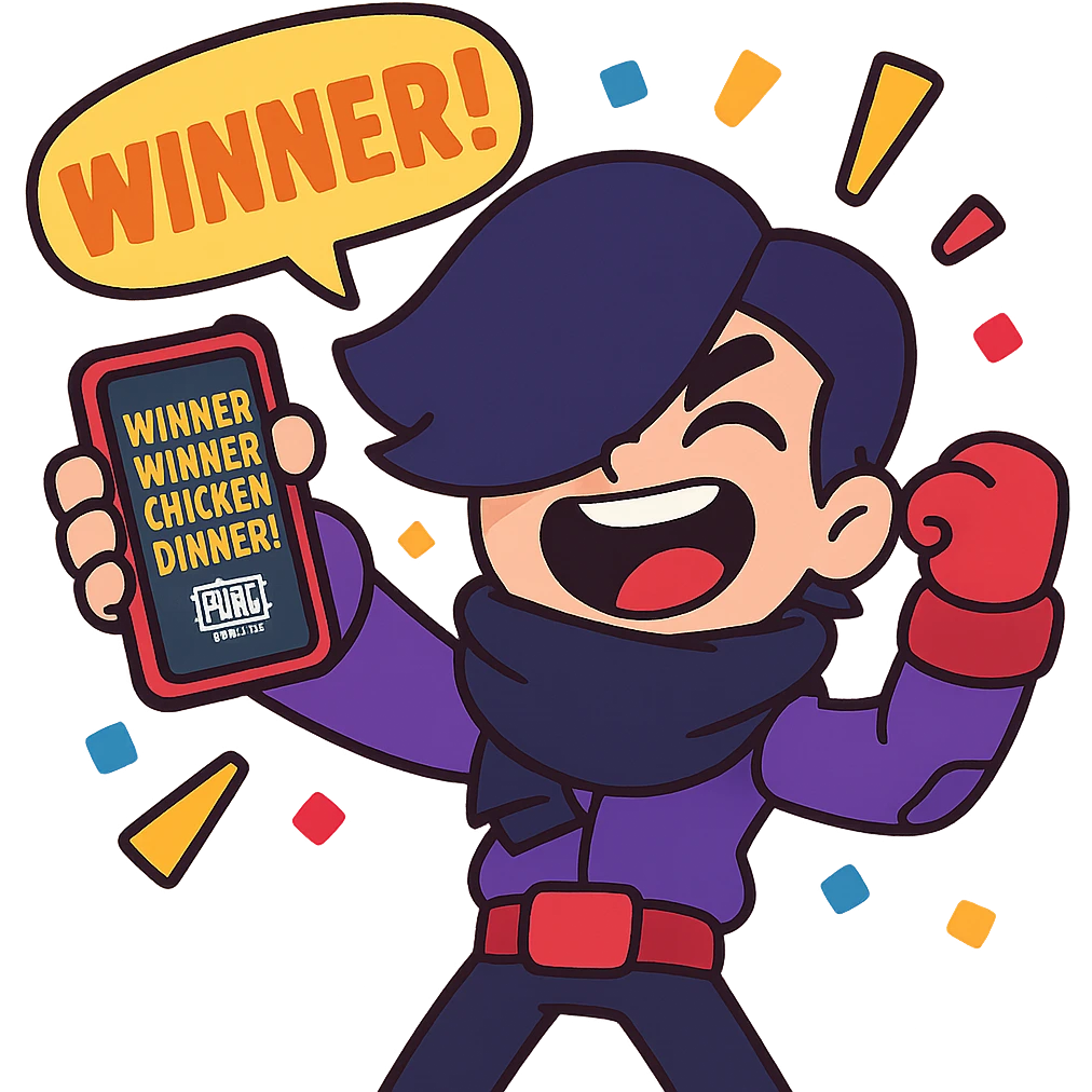 Edgar from Brawl Stars celebrating a win in PUBG Mobile, holding phone up, joyful, cartoon style emoji