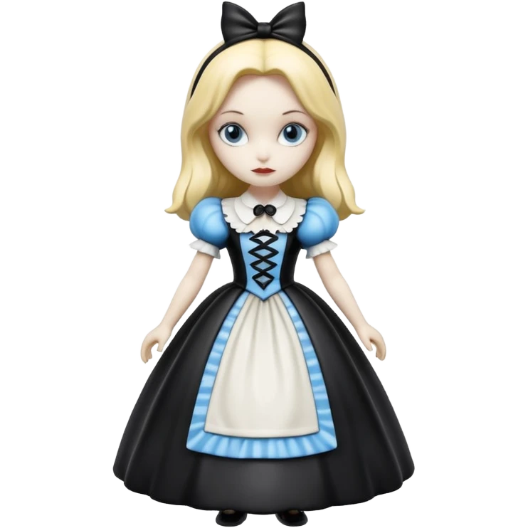 Isolated, detailed illustration of the most incredibly realistic, goth style disney character Alice in wonderland 
figurine imaginable, toy style. emoji