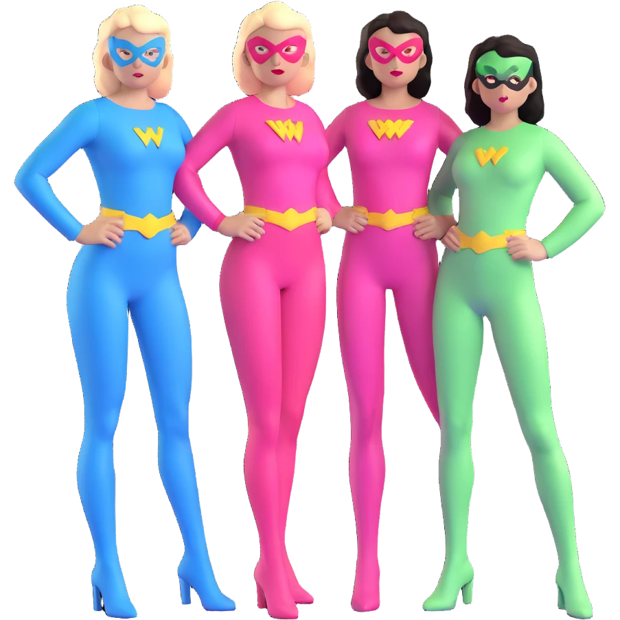 three female superheroes posing together - one wearing light blue outfit, one wearing pink outfit, and one wearing light green outfit emoji
