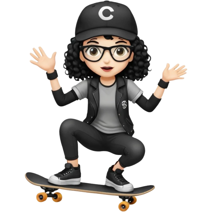 ["An excited girl with light skin, curly hair, wearing a baseball cap and square glasses, dressed in goth fashion, is skateboarding while holding a camera."] Pixal emoji