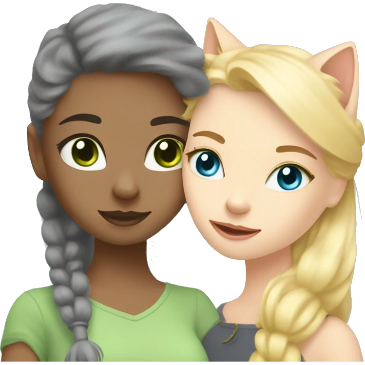 blue eyes grey kitten and green eyes blonde girl are friends emoji