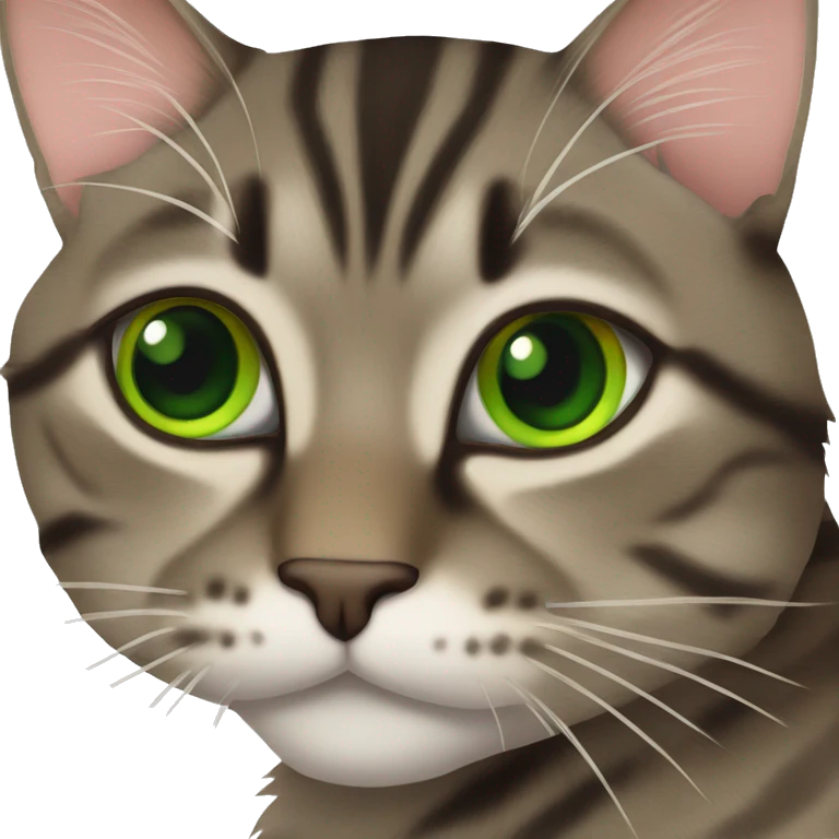 Dark brown tabby cat with slanted Green eyes sitting emoji