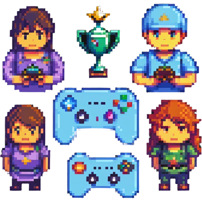 Gaming platform logo for 'qbix88' with controller, trophy and group of players in pixel art style emoji