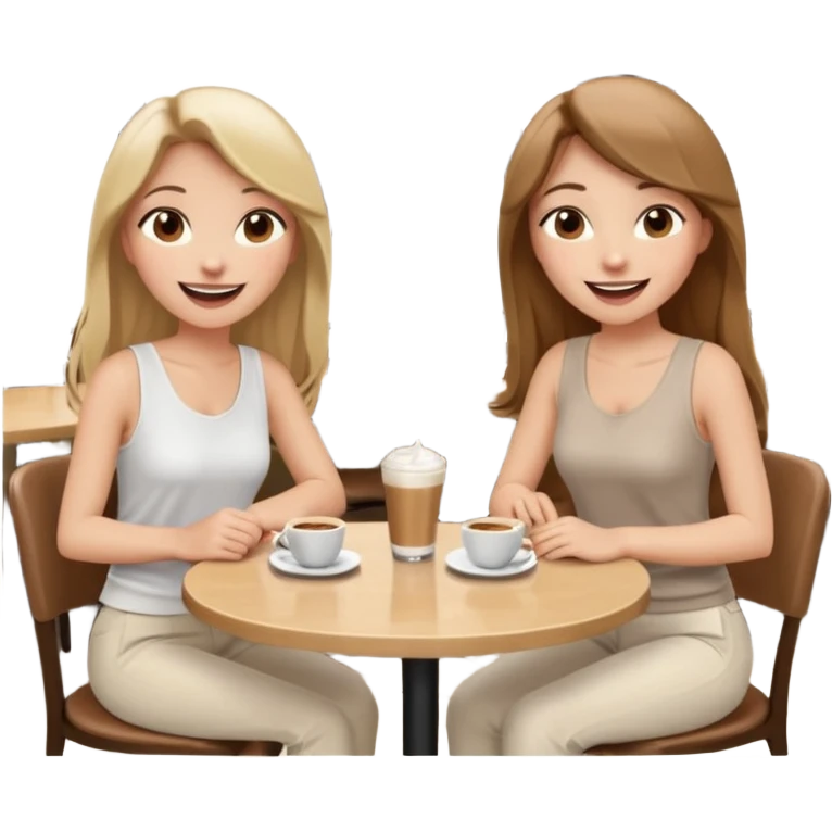 "Cartoon emoji of a girl with long, straight light brown hair, fair skin, brown eyes. Wearing a stylish white top and chic pants. Sitting at a café table, laughing and smiling, full of joy. Next to her, two friends: one blonde, one with black hair, one with brown hair. Smooth, simple, stylized emoji