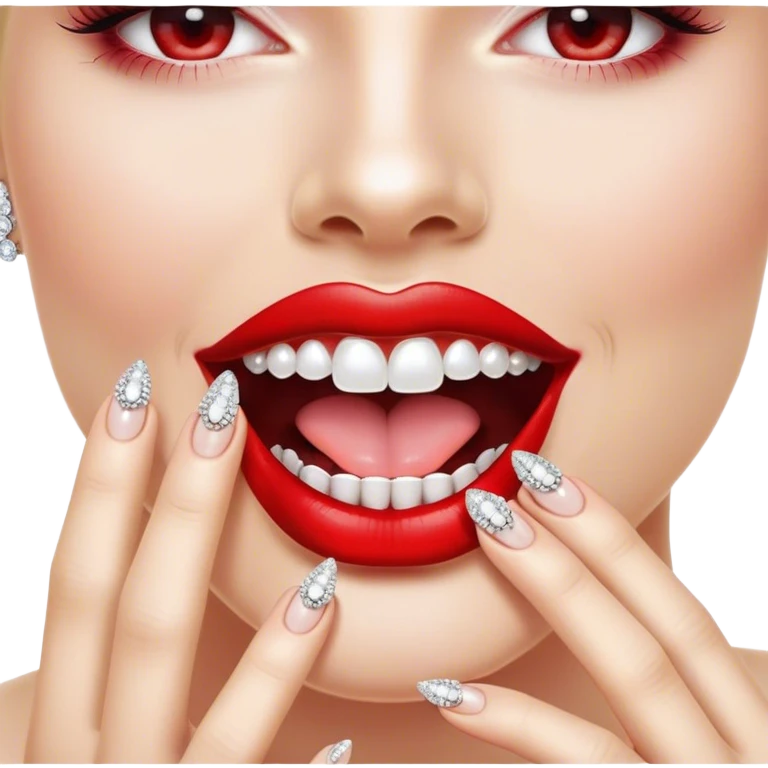 Glossy, bright red lips slightly parted. Inside, sparkling diamonds grillz. A playful tongue touching the teeth. A long, elegant fingernail with a soft white shade. No face, only lips and finger emoji