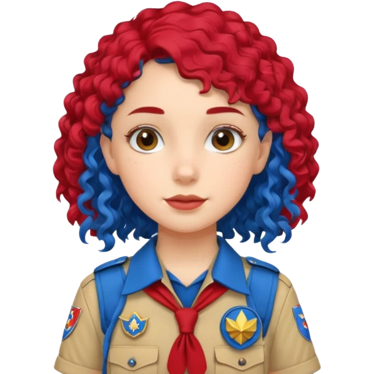 scout girl with red scout uniform, blue curly haired emoji