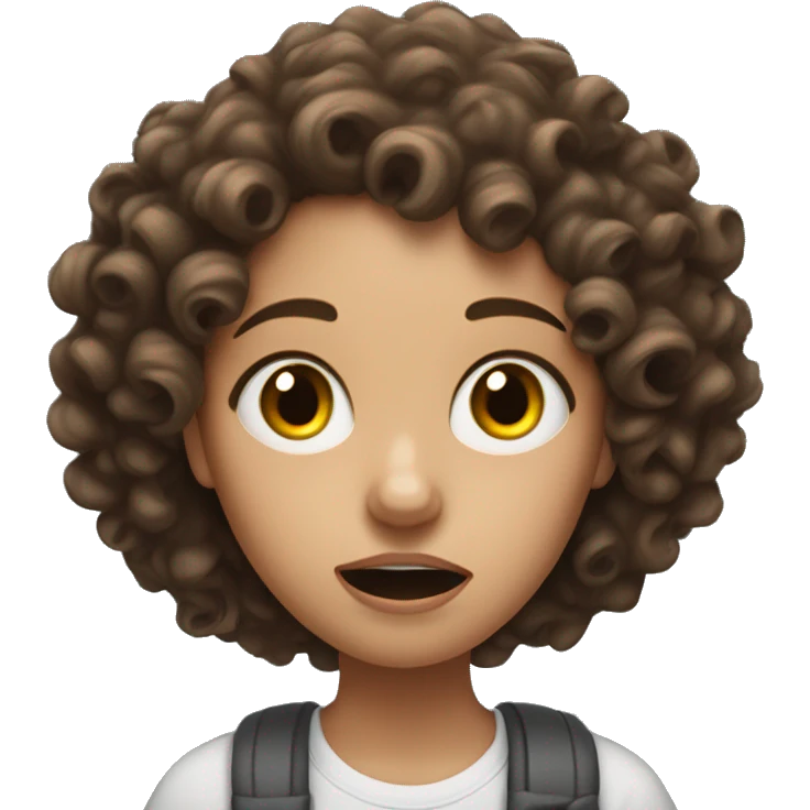 A half black half white girl with curly brown hair going crazy and holding pencil menacingly with crazy eyes emoji