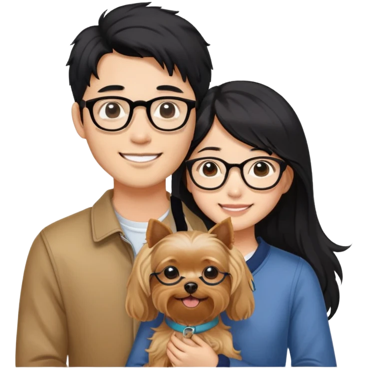 “An Asian girl with long, wavy black hair (loose, no hair tie) next to her smiling boyfriend—a light brown-skinned man with a Korean-style haircut and glasses. Together, they’re holding a small Yorkshire Terrier emoji