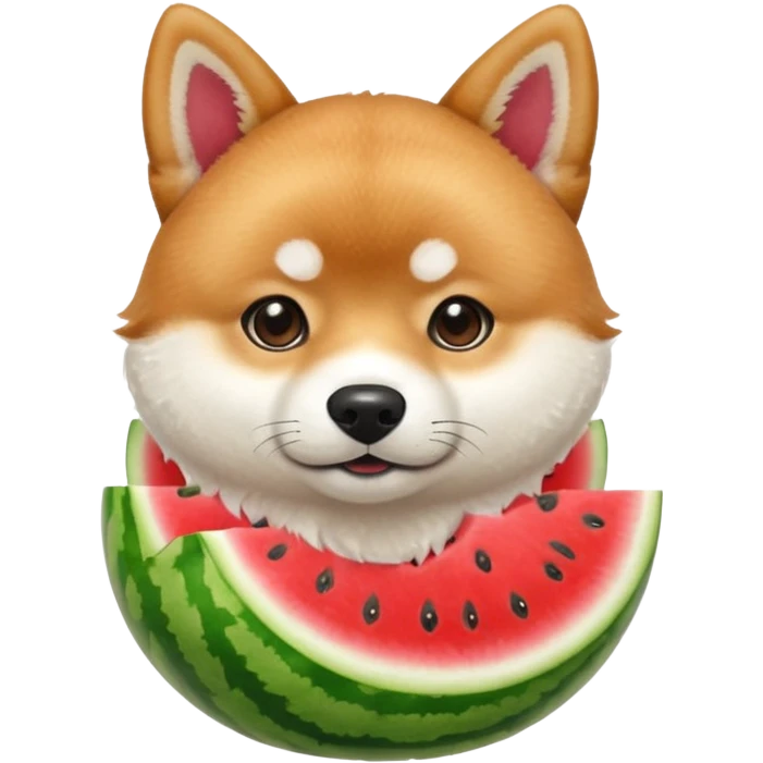 shiba inu with brown eyebrows holding a watermelon emoji
