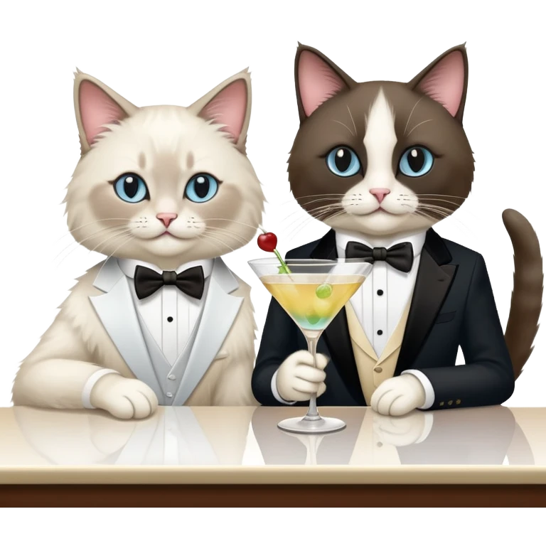 One ragdoll cat and one tuxedo cat drinkingi martinis at the bar emoji