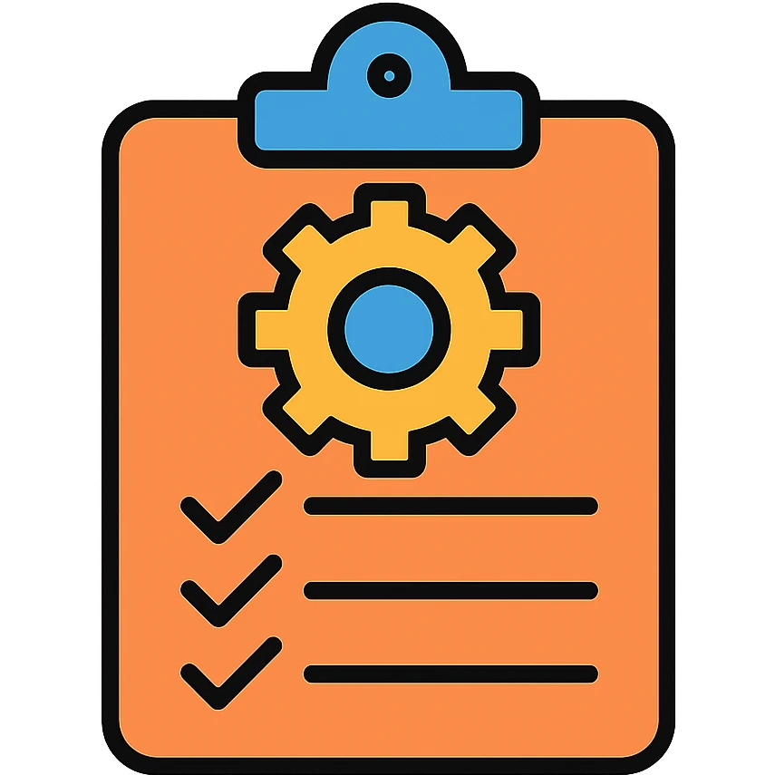 Work order clipboard with gear symbol and checklist emoji