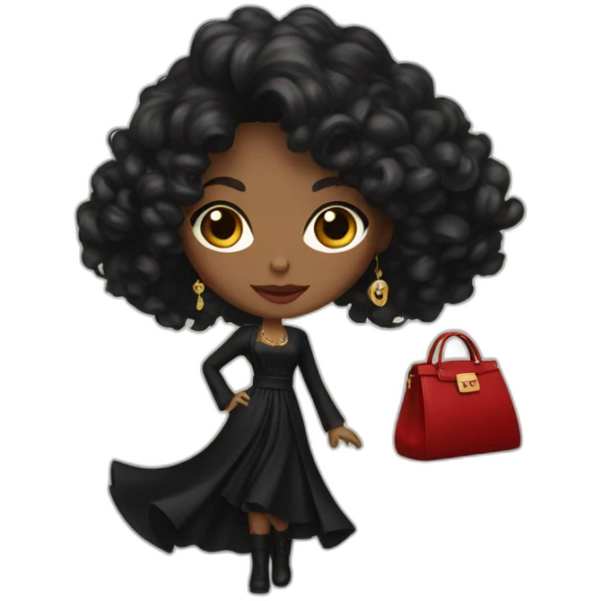 a woman with a long black dress, red boots, black open  coat, red bag, gold jewelry, curly  black hair, blue eyes emoji