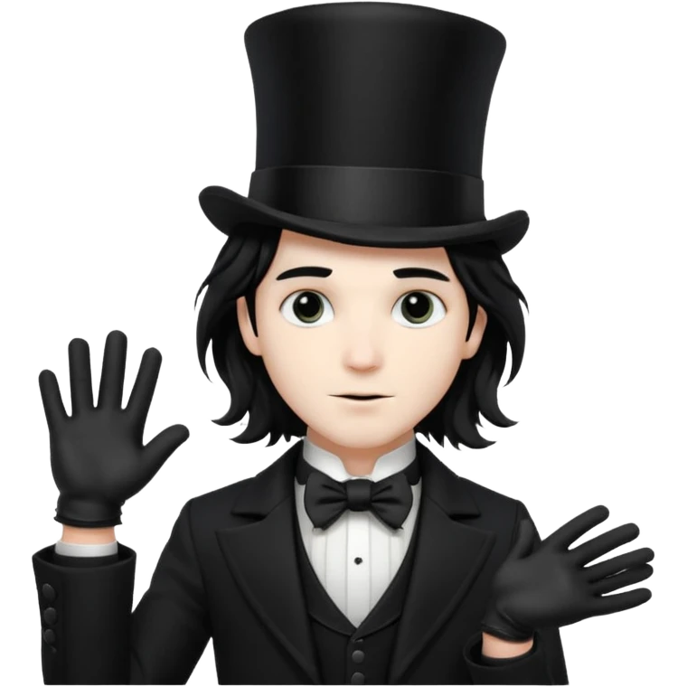 Male Goth with Top Hat
 Wavy shoulder-length hair, white skin, black suit and gloves, pale skin tone. emoji