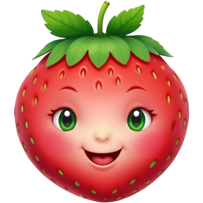 Cinematic plump happy strawberry, glossy bright red, tiny round eyes and blushing cheeks, green leafy top slightly tilted, cheerful and charming. emoji