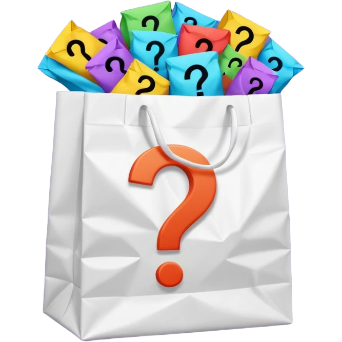 white goodiebag with questions mark boxes stuffed in it emoji