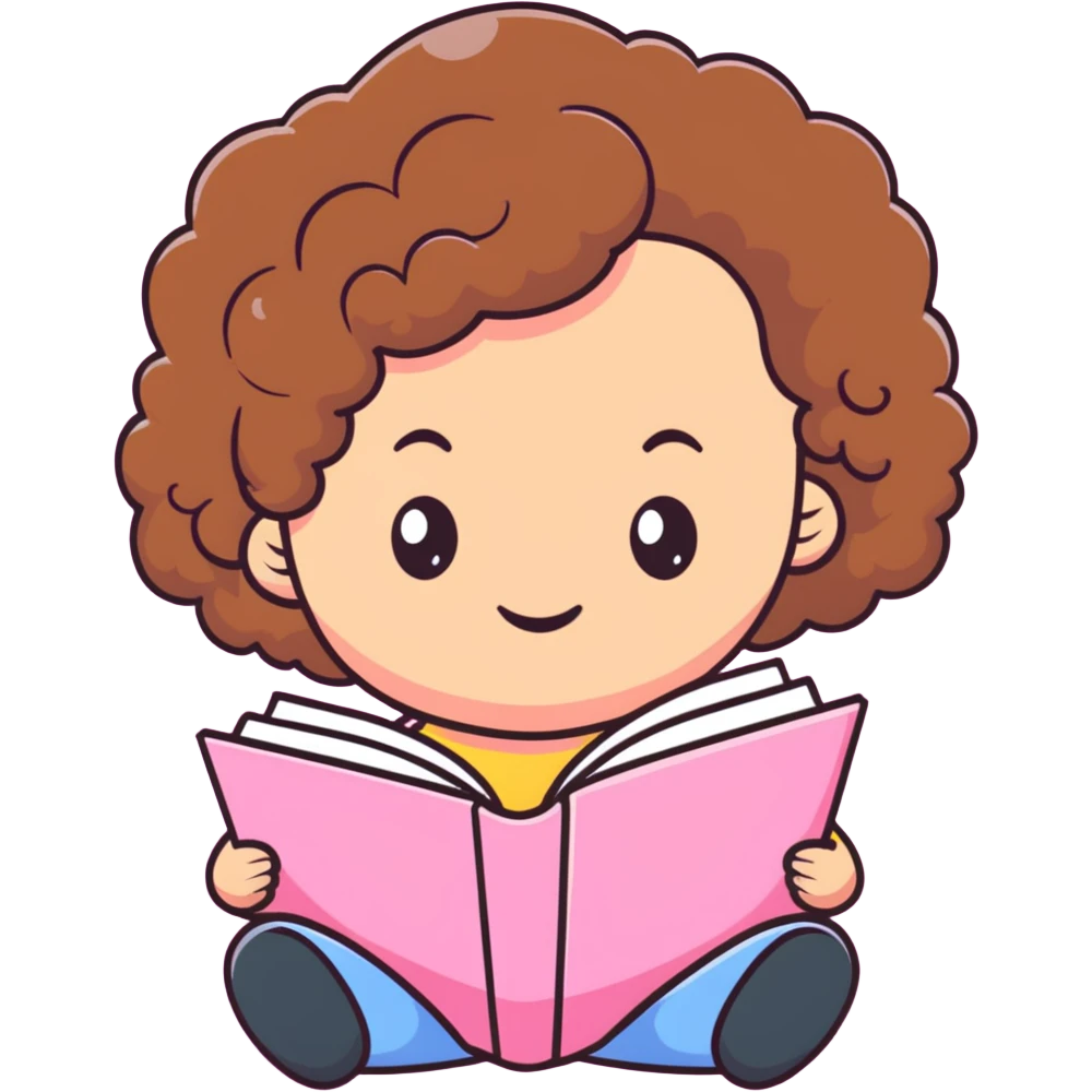 girly character with brown soft curly hair reading a pink book emoji