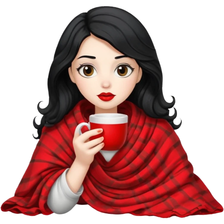 Long wavy Black haired, white skinned, black big eyed girl with red lipstick wrapped in a blanket, sipping tea emoji
