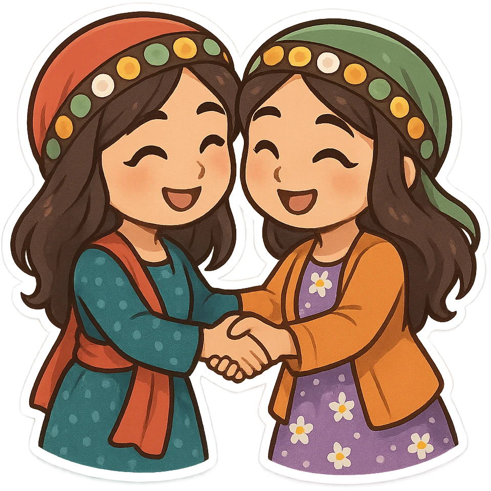 cartoon two Kurdish women in traditional Kurdish clothing friendly greeting with hug or handshake, colorful and cheerful, no text, sticker style suitable for WhatsApp and Instagram emoji