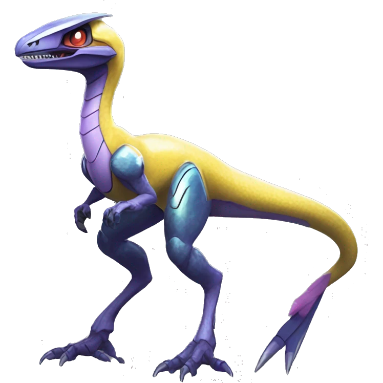 Futuristic Shiny Velociraptor-Genesect-Fakémon-Pokémon with a visor helmet Full Body emoji
