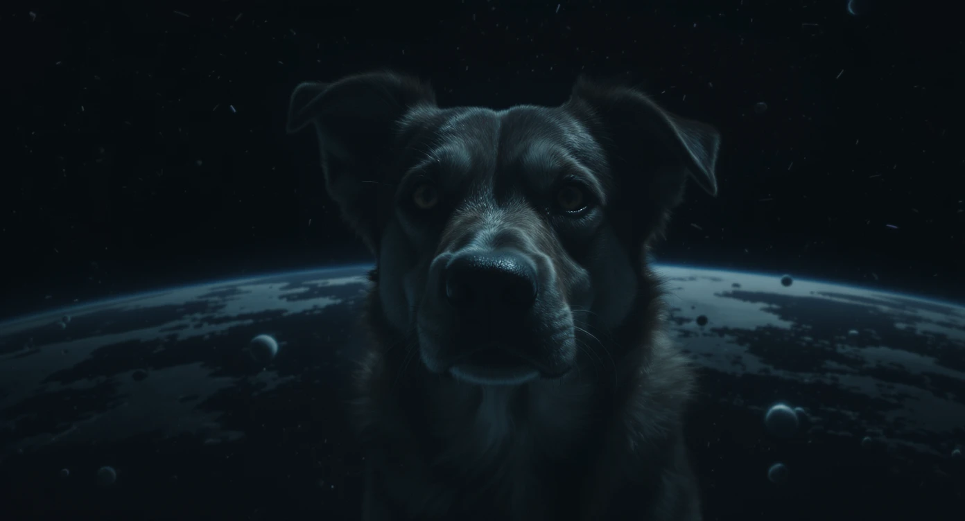 Cinematic still of a dog is in space, very detailed, cinematic light emoji