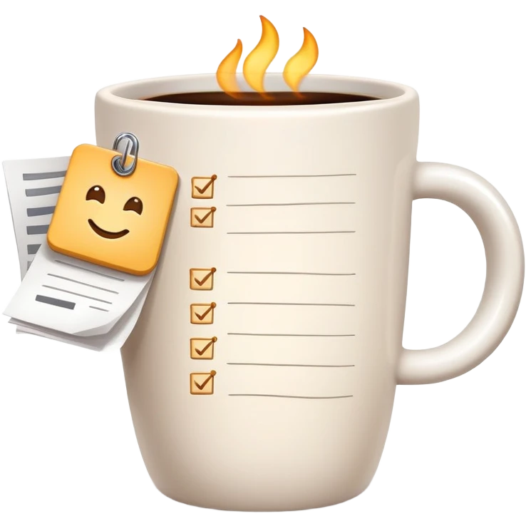 Coffee cup and checklist note connected by a glowing link or chain, showing habit stacking emoji