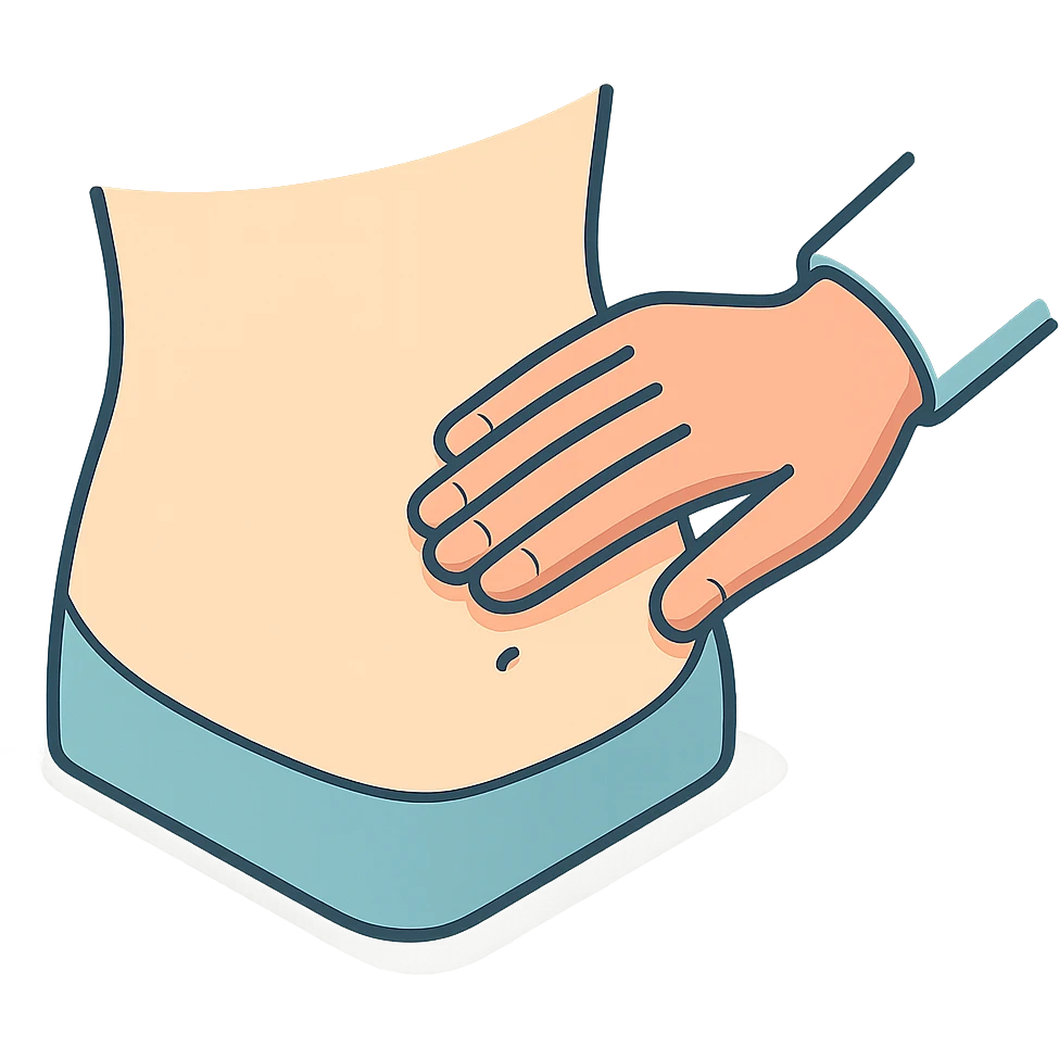 close-up of human abdomen, a doctor's hand palpating, hand coming from opposite side, fingers gently pressing, 2D isometric style, very detailed, soft rounded shapes, clean contours, pastel palette, refined shadows and highlights, modern illustration, transparent background emoji