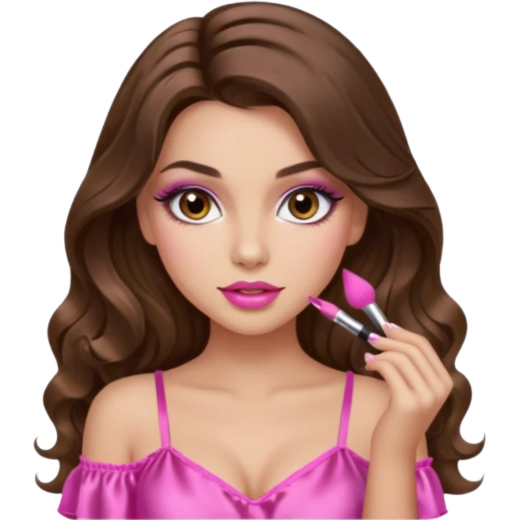 girl with long wavy brown hair, brown eyes, long lashes makeup, sexy pink lips, light to medium complexion, wearing a pink sexy top emoji