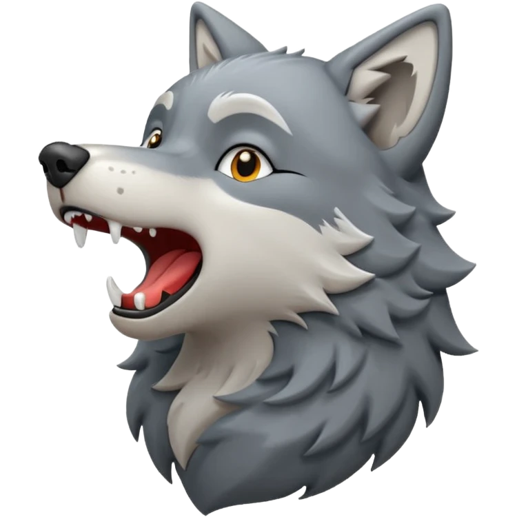 emoji of a wolf howling, head tilted upward with open mouth, small sound lines near the mouth to show the howling action, simple cartoon style emoji
