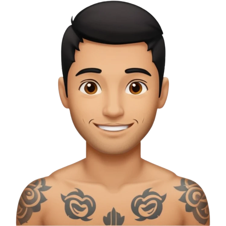 A man in tattoos handsome with flirty smile till legs black hair, bristle  emoji