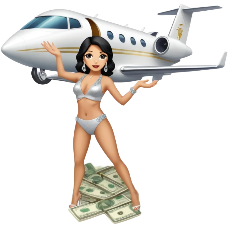 tefi valenzuela wearing diamond sparkle non bikini and josh king madrid standing on private plane throwing money at her emoji