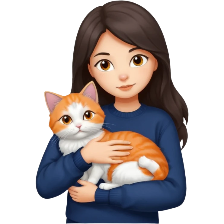 a girl with long dark brown hair, in a navy sweater, hugs a persian peaknose grey cat and persian peaknose orange and white kitten emoji