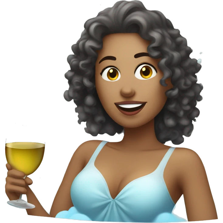 White Woman with curly hair drinking wine in a bubble bath emoji