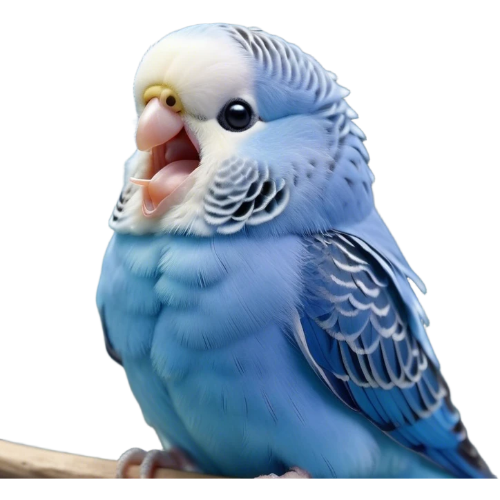 Cinematic Cute Yawning Blue Budgie Portrait Emoji, Head tilted slightly with a dramatic, wide-open yawn, showcasing a soft, downy blue feathered fur with gently drooping wings, round dark eyes barely open in drowsy contentment, Simplified yet irresistibly adorable features, highly detailed, glowing with a soft, cozy glow, high shine, relaxed yet expressive, stylized with a touch of whimsy, bright and endearing, soft glowing outline, capturing the essence of a sleepy yet affectionate budgie, so drowsy it feels like it could stretch out of the screen and curl up for a nap! emoji