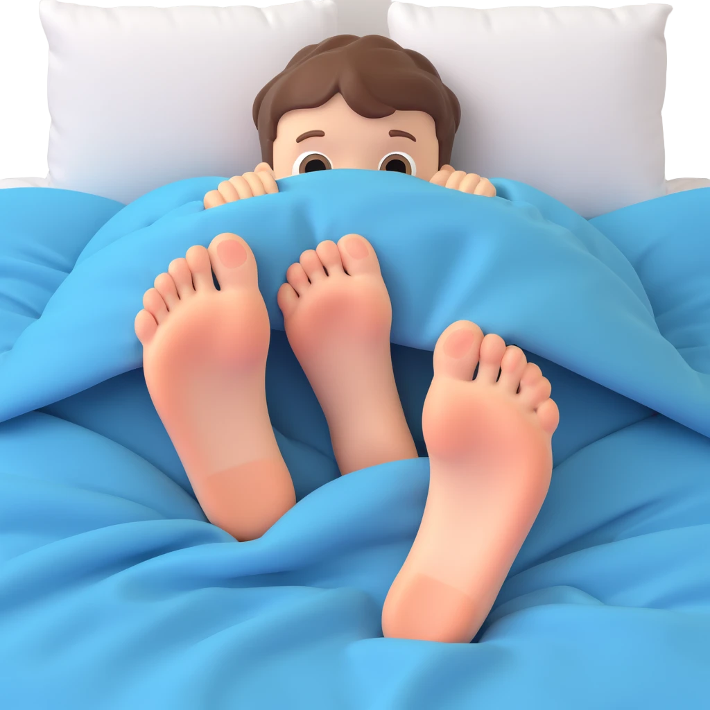 close-up of a boy's feet under a blanket in bed, warm and soft emoji