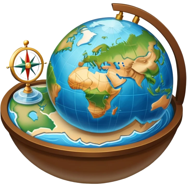 An icon featuring a globe, a compass, and a map, symbolizing geography. The design includes mountain ranges, rivers, and continents, representing the study of Earth’s landscapes and environments. Transparent background highlights the exploration and understanding of the world’s geography. emoji