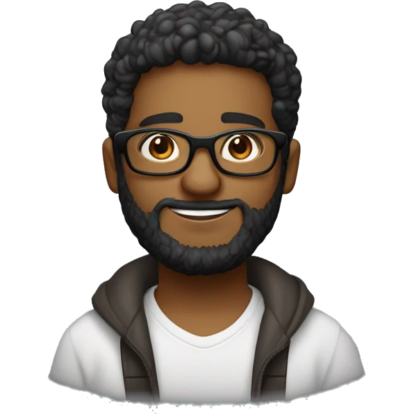 moreno, pelo negro, ojos marrones oscuro, un poco de granos, tengo barba, pelo rizado corto degradado bajo, con gafas emoji
