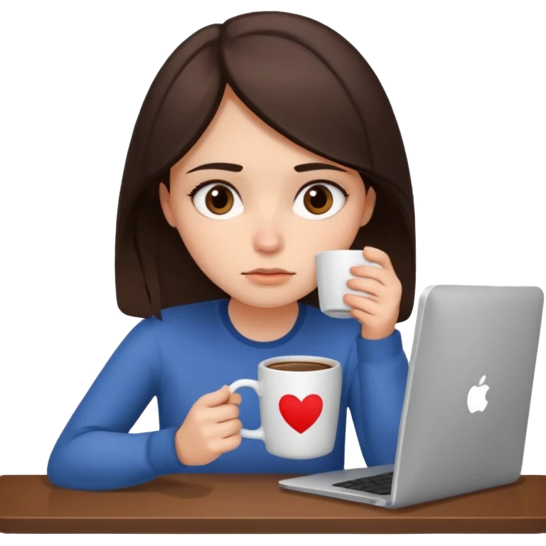 A brunette girl with dark brown eyes, dark circles under eyes, tired, sad face, with a mug of coffee in one hand and sitting in front of a computer emoji