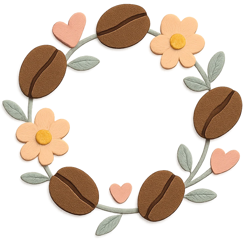 coffee bean floral wreath with heart accents, hand-drawn pastel design emoji