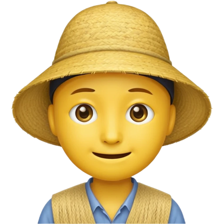 Yellow emoji smiley face with stereotypical Chinese facial features and rice farmer hat. Eyes very narrow emoji