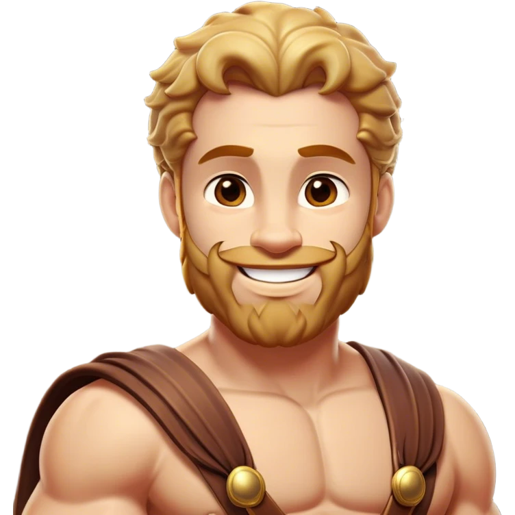 Cinematic Realistic Hercules Portrait, head tilted playfully and inquisitively, showcasing his formidable build softened by a warm, inviting smile. His eyes sparkle with a sense of mirth and determination, while his detailed attire and natural highlights capture the essence of a mighty hero with a friendly spirit. emoji