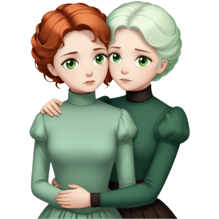 Two Victorian women with light green eyes in a sad, intimate embrace. One has bright white coiffed hair, the other has dark copper coiffed hair. Both wearing Victorian turtleneck dresses, hugging tightly emoji