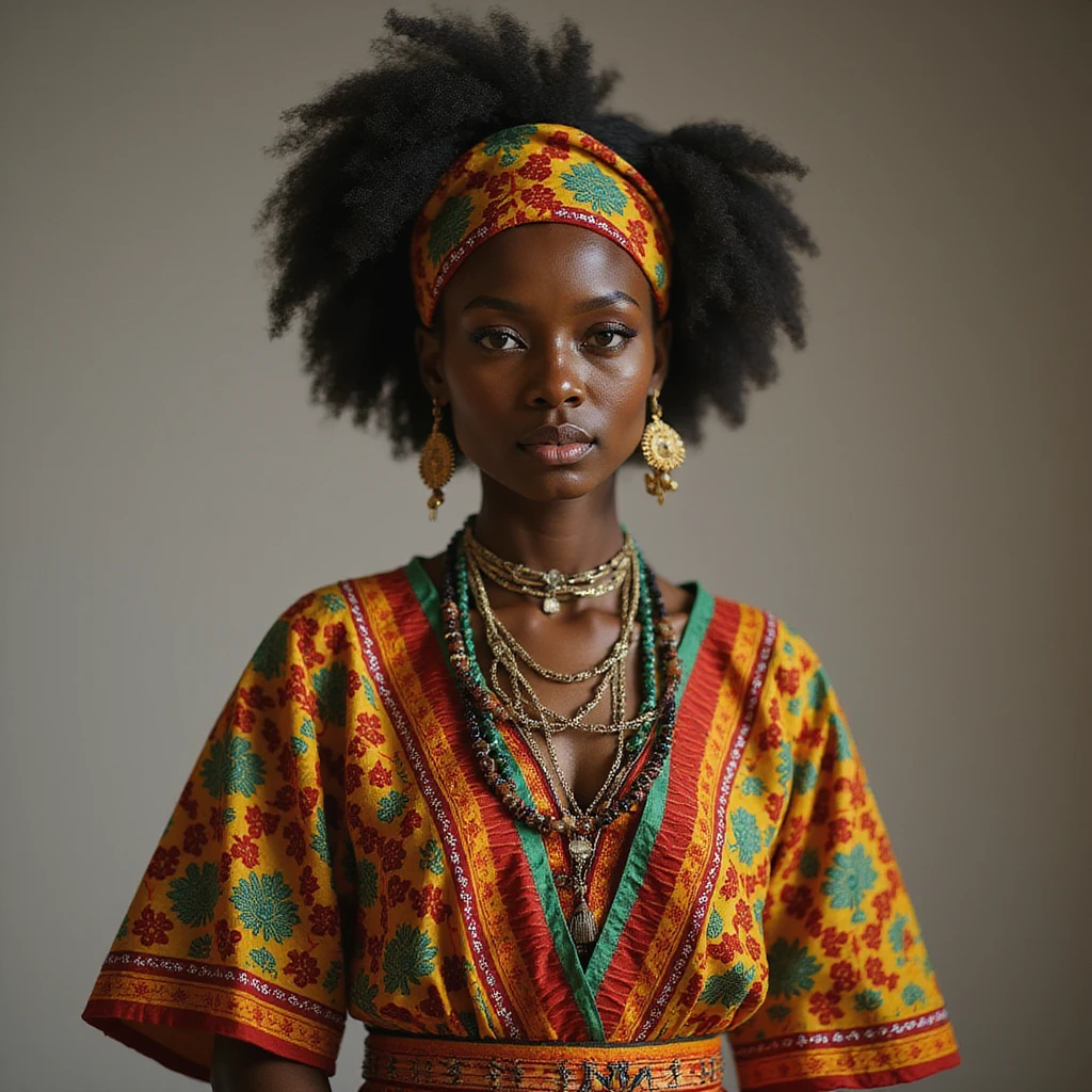 African woman in vibrant traditional dress, realistic style emoji