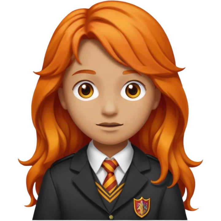 A iphone emoji with long wavy fierce orange hair and hazel eyes, wearing Gryffindor school uniform emoji